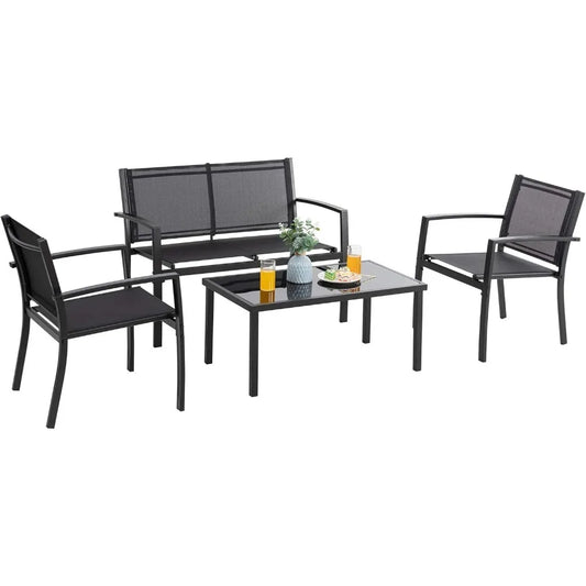 Patio Furniture 4 Piece Outdoor Conversation Set With Glass Coffee Table