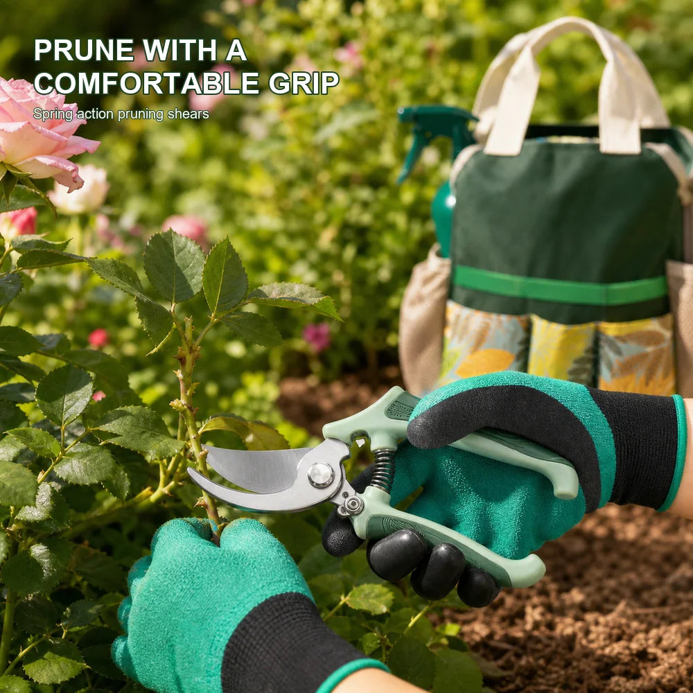 16 Piece Garden Tool Set Aluminum Alloy Gardening Hand Tools Kit with Floral Tote Bag Gloves Spray Bottle Plant Labels Twist Tie Trowel Transplanter Weeder Cultivator Hand Fork and Pruning Shears for Planting Weeding Pruning