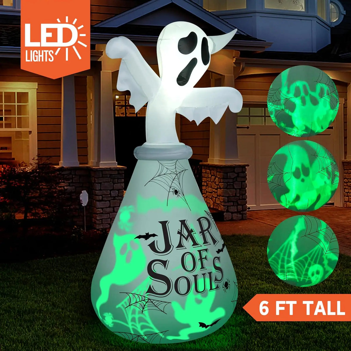 6 FT Halloween Inflatable Outdoor Decoration, Ghost Inflatable Halloween Decor Outdoor, Blow Up Ghost in the Jar with Green Projecting LED for Halloween Yard Decoration