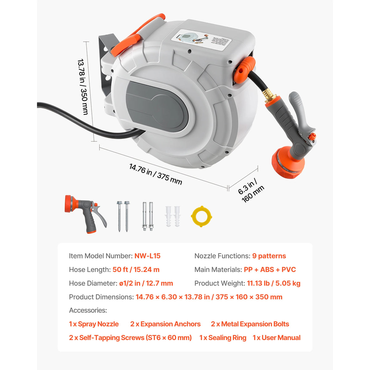 Wall Mounted Retractable Garden Hose Reel With Sprayer Nozzle