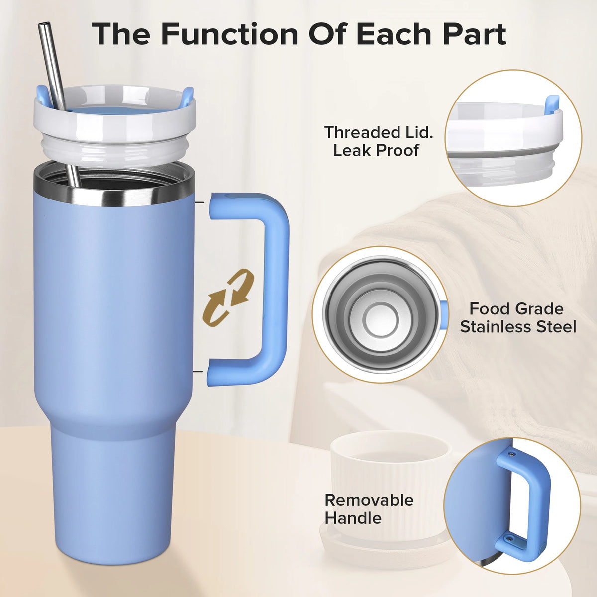 Fastsub Vacuum Tumbler With Handle And Straw Stainless Steel