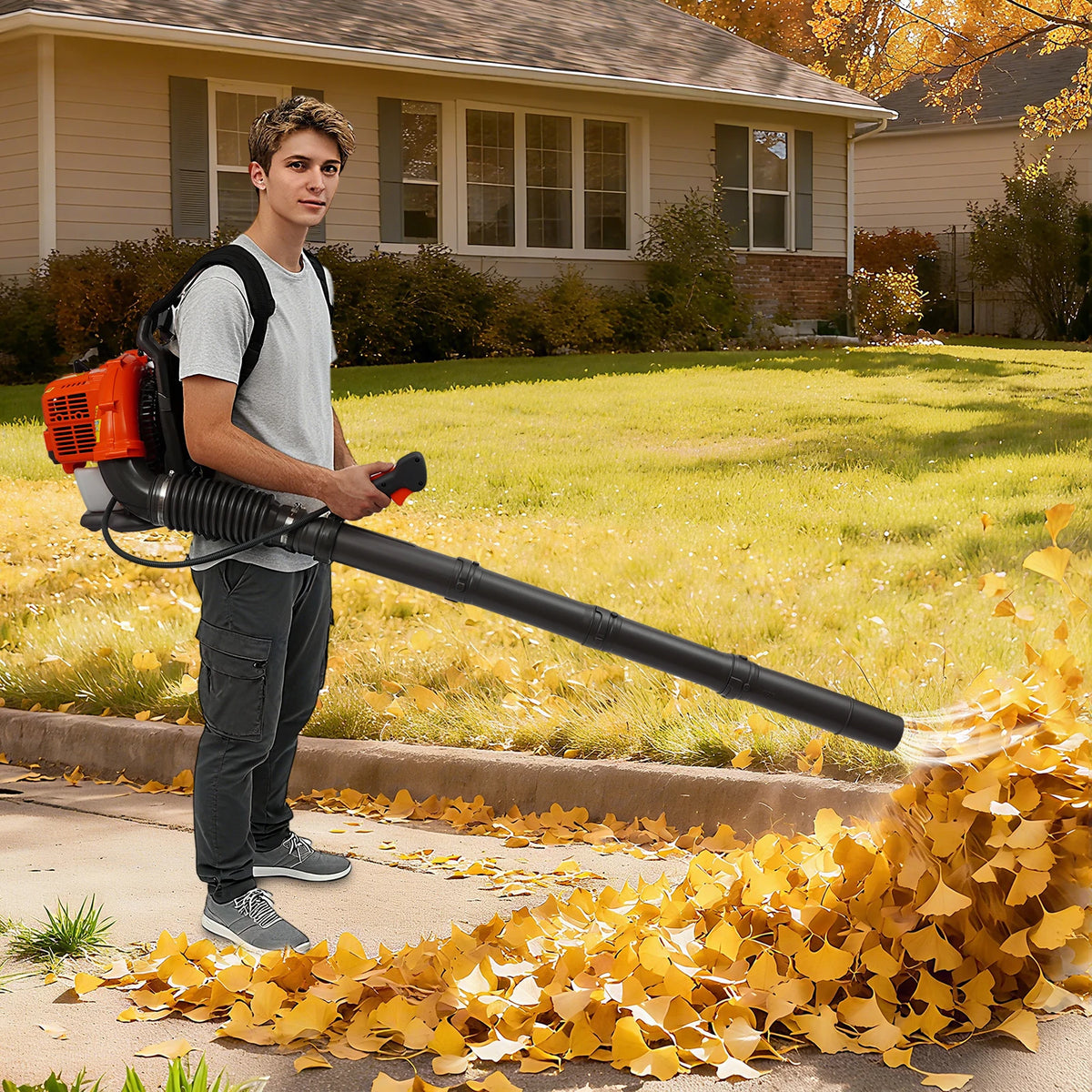 42.7cc 2‑Stroke Manual Pull Start Garden Blower, 720m³/H Airflow High Speed Outdoor Debris Clearing Machine, 8.07kg Backpack Engine‑Powered Leaf Blower, Portable Snow and Leaf Cleaning Equipment