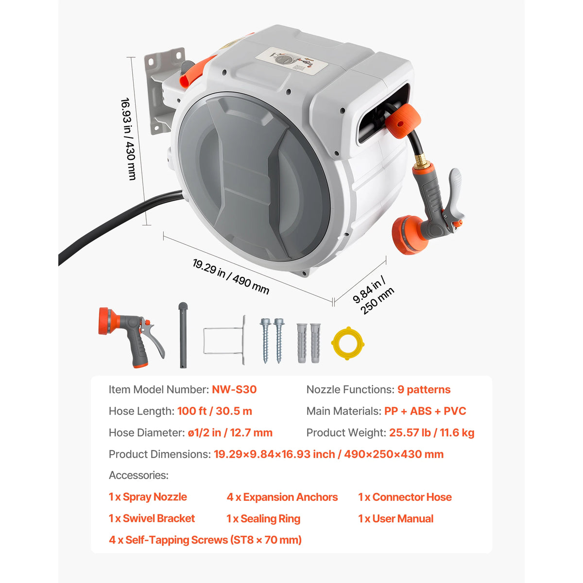 Wall Mounted Retractable Garden Hose Reel With Sprayer Nozzle