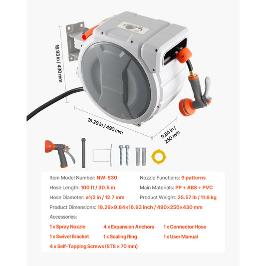 Wall Mounted Retractable Garden Hose Reel With Sprayer Nozzle