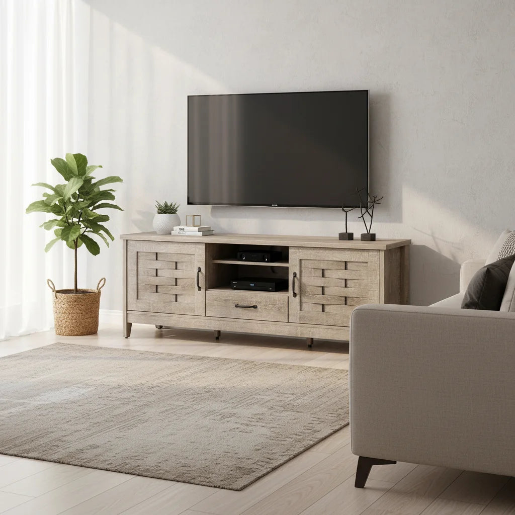 HOMASIS TV Stand With Woven Doors And Adjustable Shelves