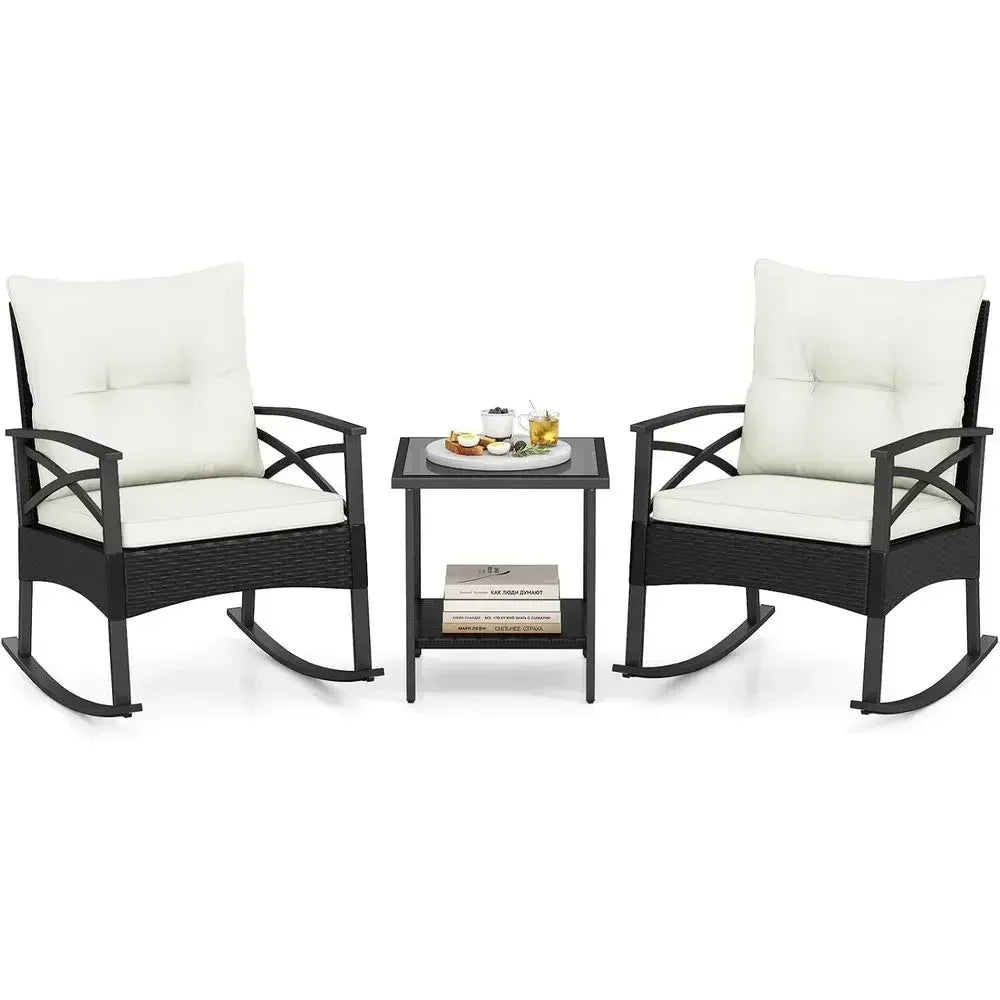 3-Piece Outdoor Rocking Chair Set with Cushions and 2-Tier Glass Coffee Table for Garden, Balcony, Backyard (Black + Beige)