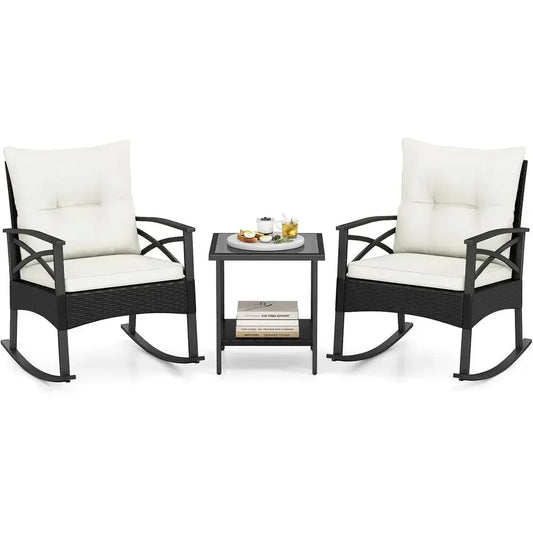 3-Piece Outdoor Rocking Chair Set with Cushions and 2-Tier Glass Coffee Table for Garden, Balcony, Backyard (Black + Beige)