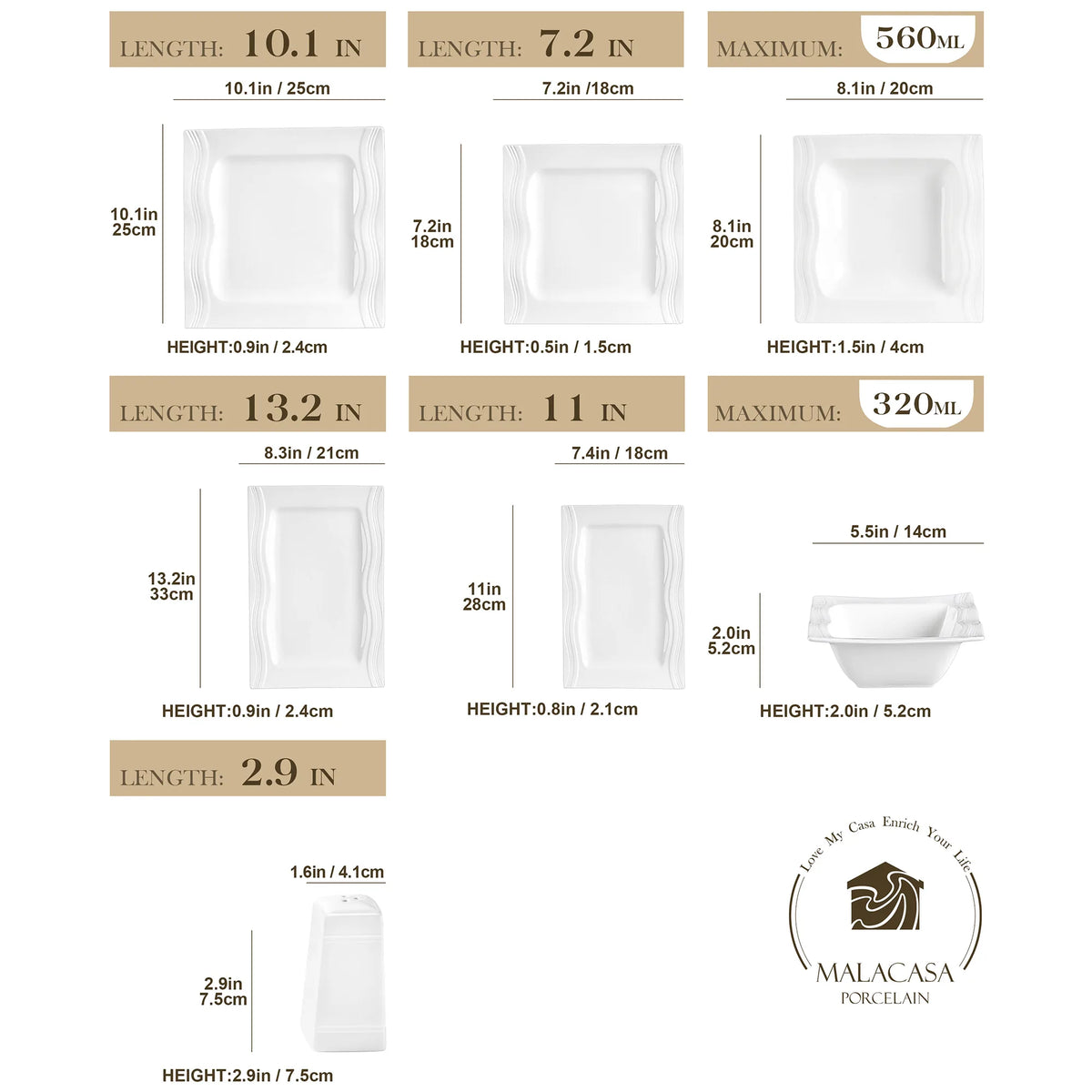 MALACASA Square Dinnerware Set Porcelain Plates and Bowls