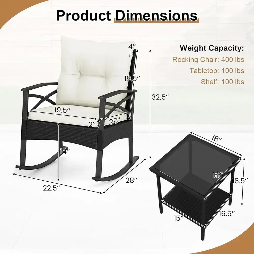 3-Piece Outdoor Rocking Chair Set with Cushions and 2-Tier Glass Coffee Table for Garden, Balcony, Backyard (Black + Beige)