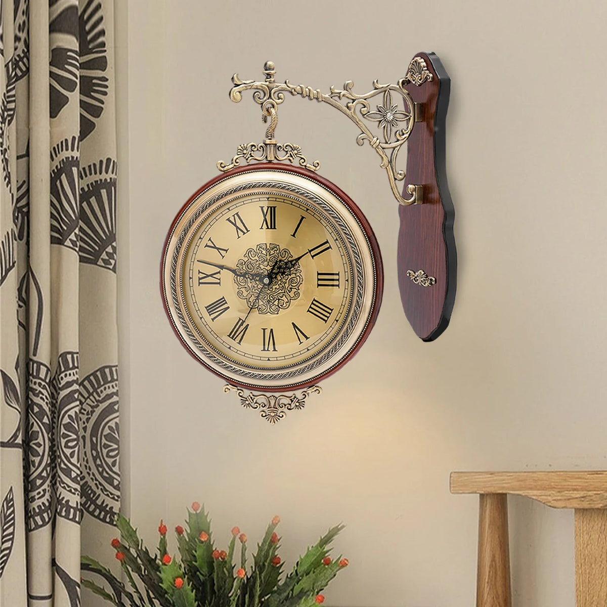 European Style Double Sided Wall Clock Alloy And Wood