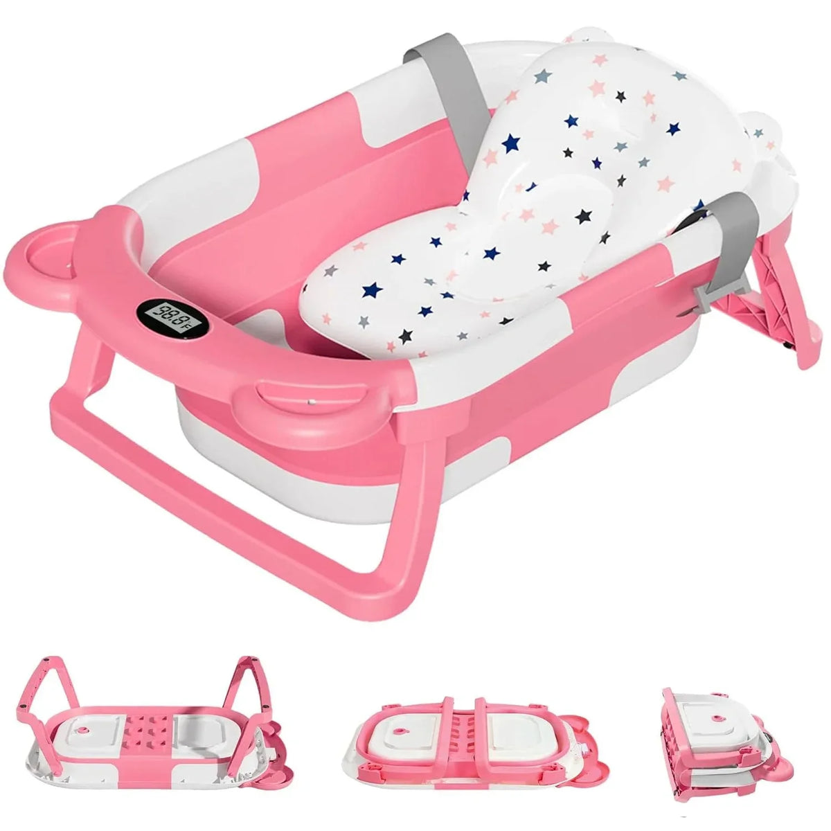 Collapsible Baby Bathtub With Thermometer Floating Cushion And Drain