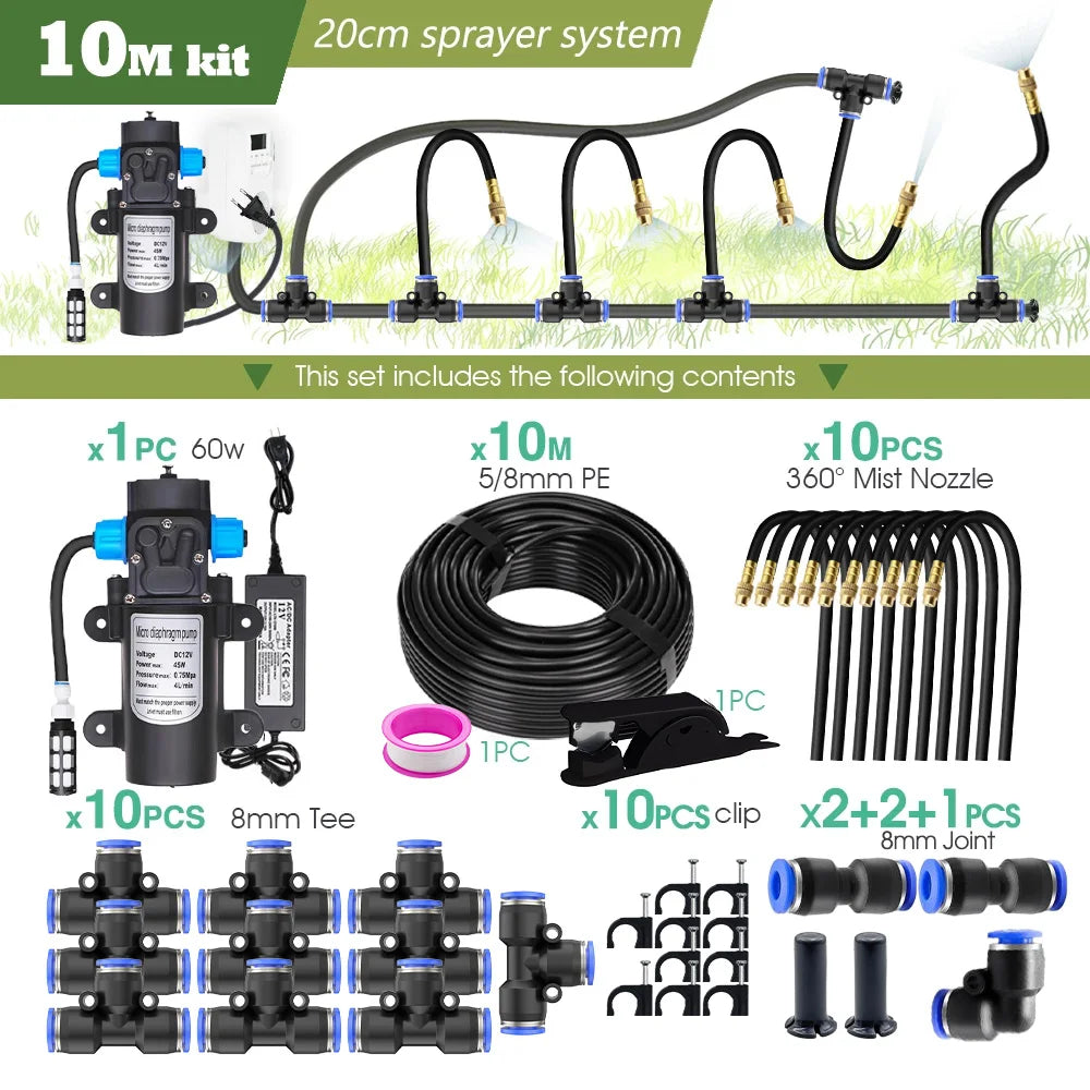 Garden Misting Pump Kit with 60W Self Priming Brass Nozzle