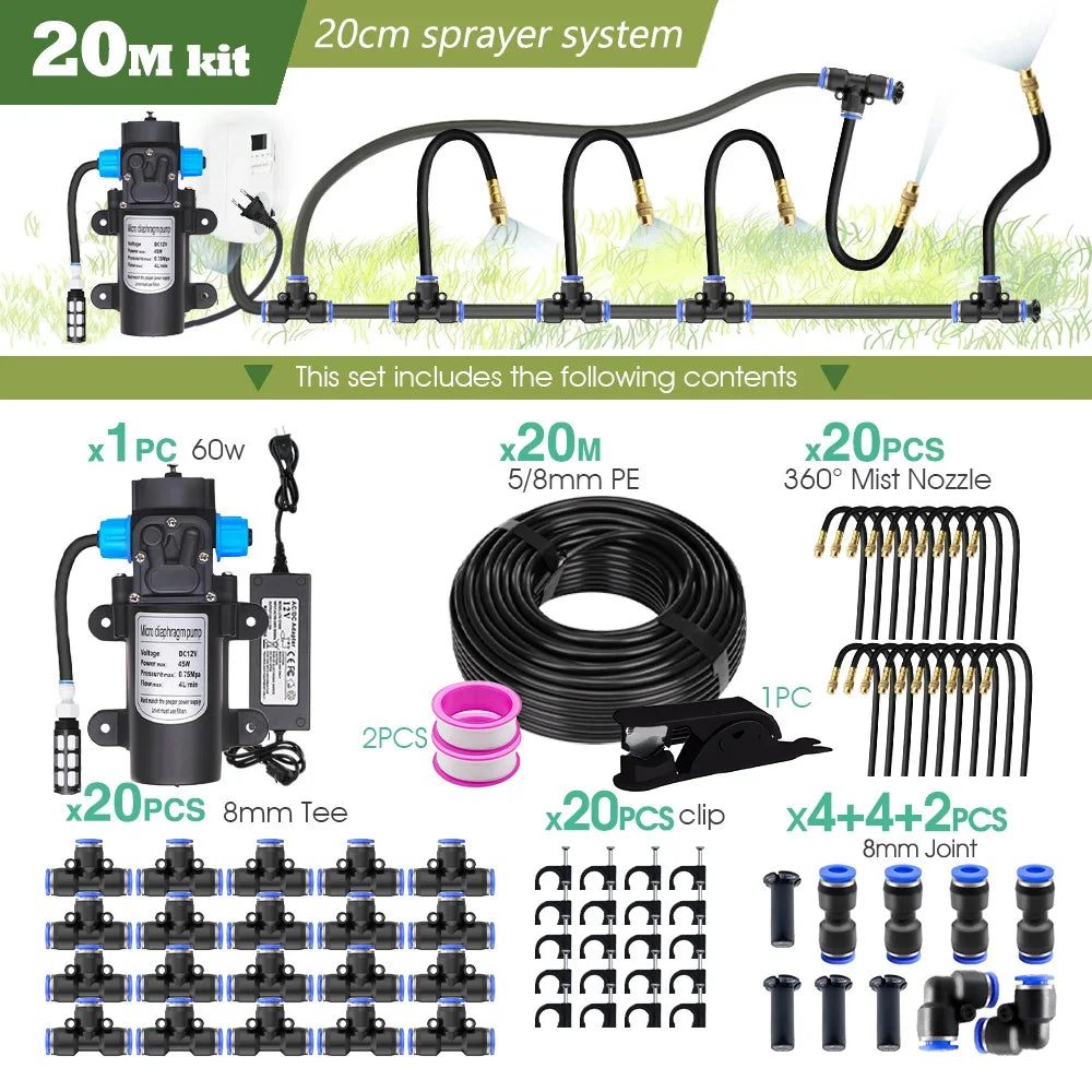 Garden Misting Pump Kit with 60W Self Priming Brass Nozzle
