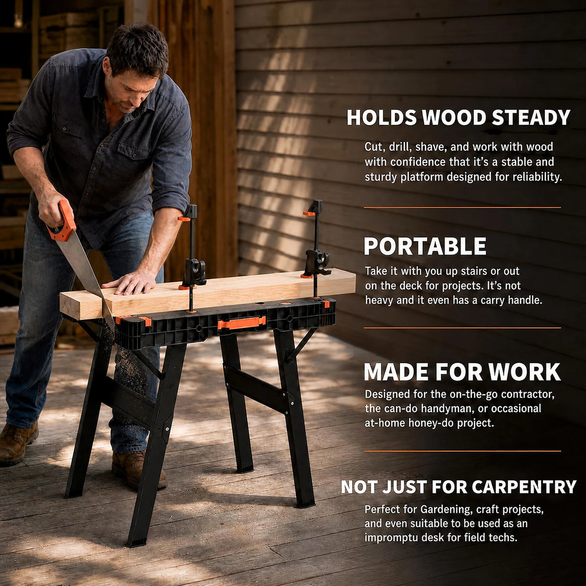 2-in-1 Folding Work Table & Sawhorse, Portable Workbench 300 Lbs, Heavy Duty 1000 Lb Sawhorse For Garage Jobsite