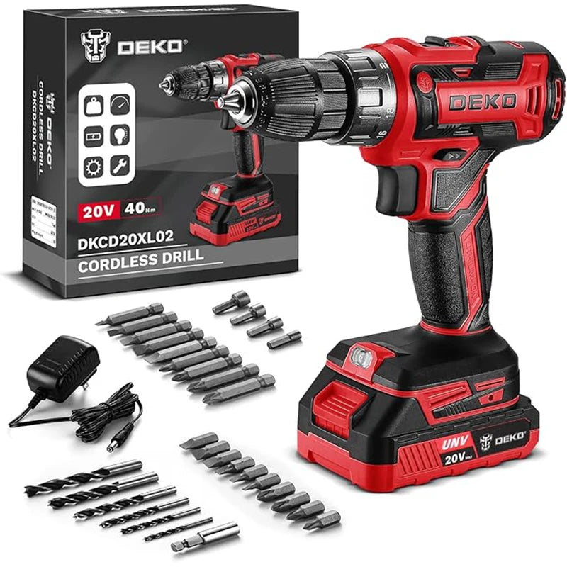 DEKO 20V Women's Cordless Drill with Battery and Charger 20V Drill Driver Kit Suitable for Woodworking Household Tools