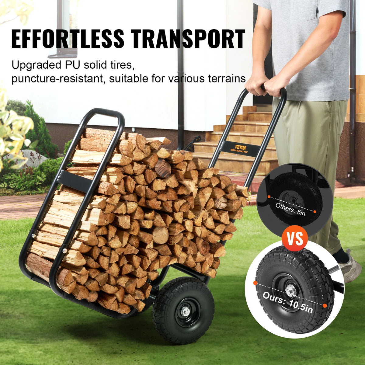 Firewood Log Cart Indoor Outdoor Wood Rack With Wheels Heavy Duty Steel