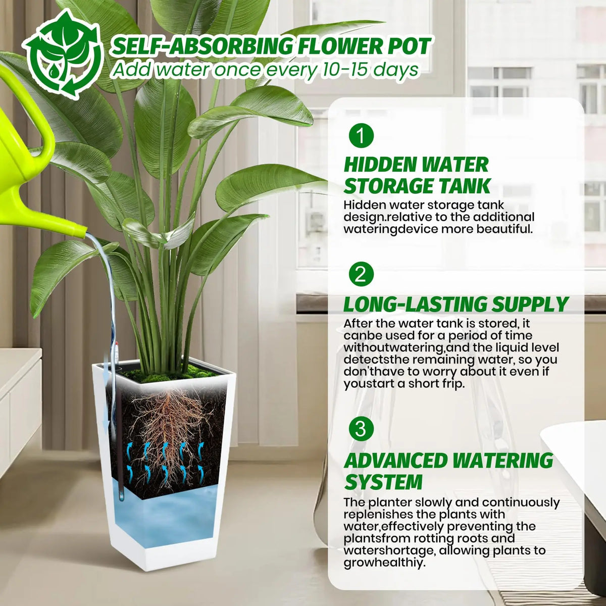 HiMISS Self Watering Tall Planter Pots With Drainage Design