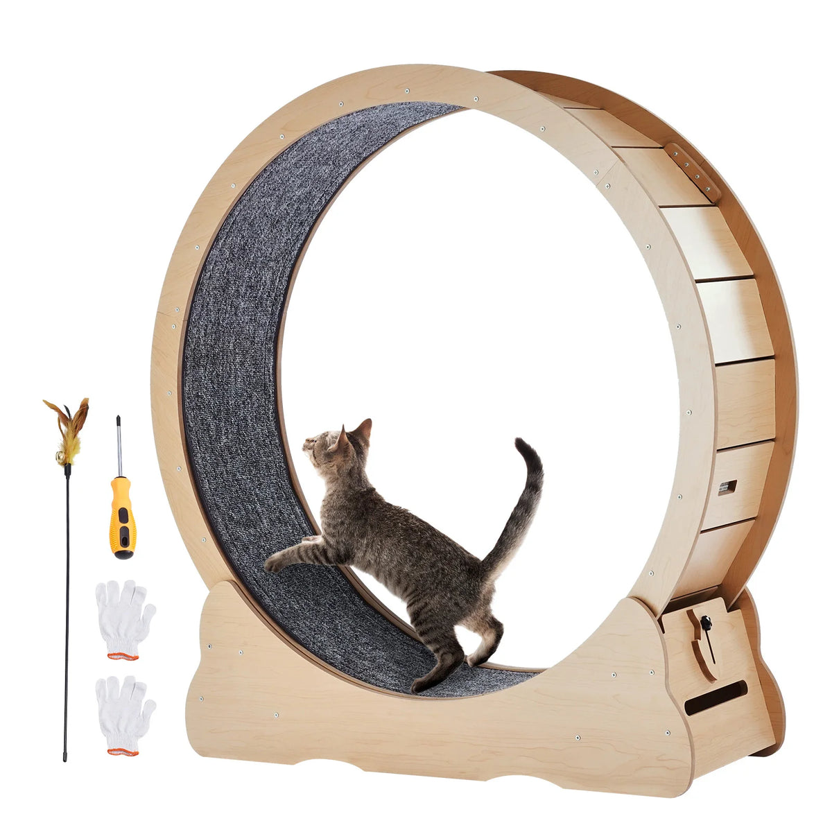 SucceBuy Large Wooden Cat Exercise Wheel With Detector Carpet