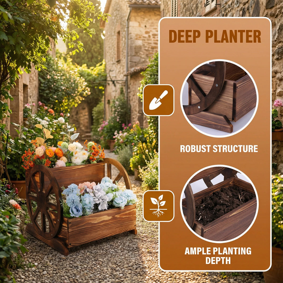 Wooden Wheelbarrow Planter With Wheels For Outdoor Garden Decor