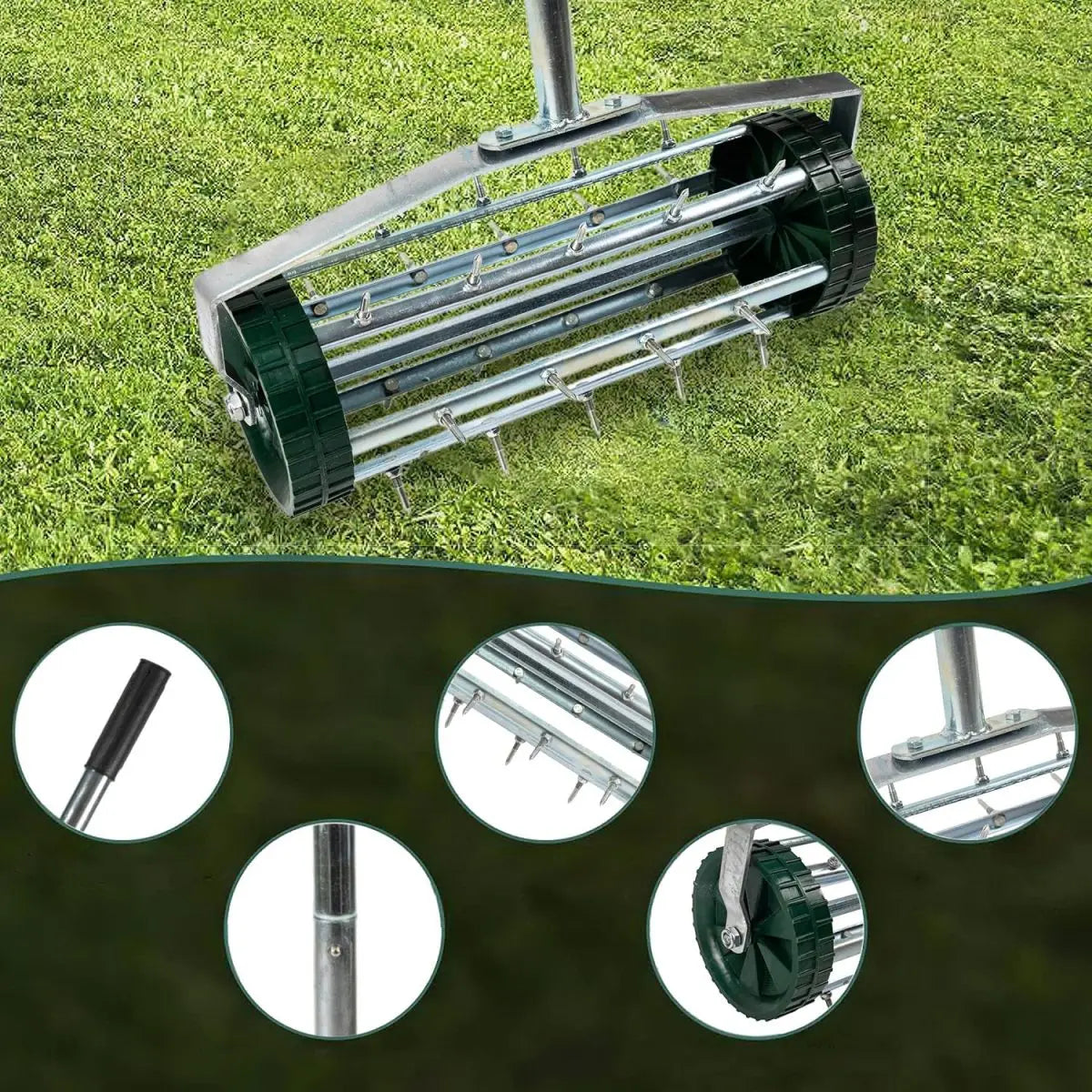 Heavy Duty Rolling Lawn Aerator,Rolling Lawn Aerator,  Rotary Push Tine Spike Soil Lawn Aerator Gardening Tool with 3-Piece Long Steel Handle for Garden Yard Grass Maintenance
