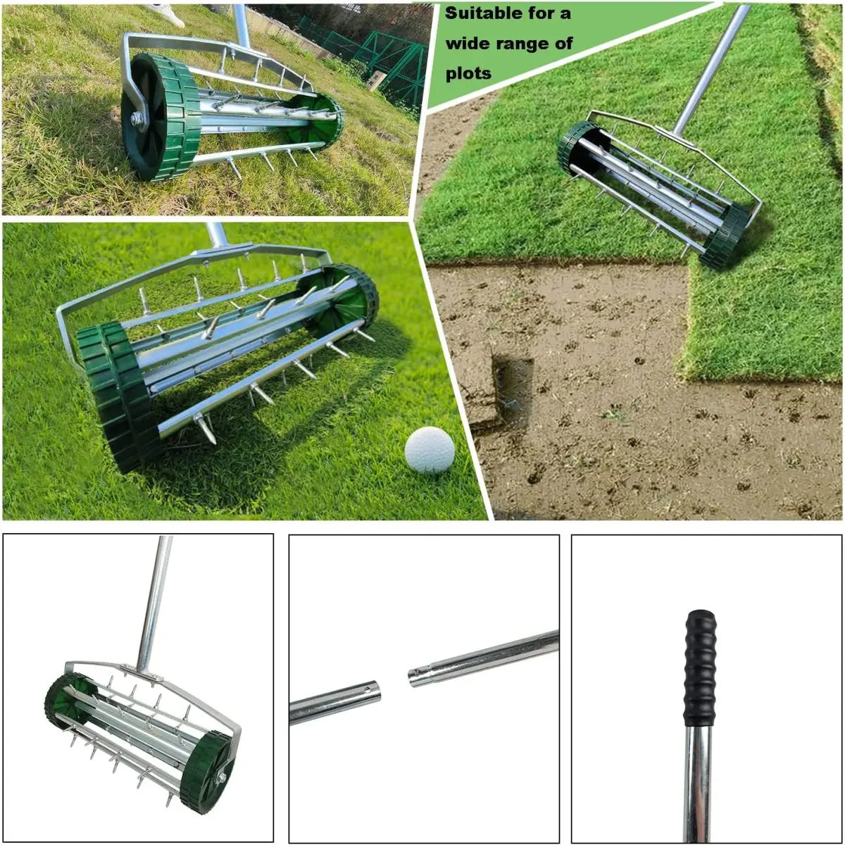 Heavy Duty Rolling Lawn Aerator,Rolling Lawn Aerator,  Rotary Push Tine Spike Soil Lawn Aerator Gardening Tool with 3-Piece Long Steel Handle for Garden Yard Grass Maintenance