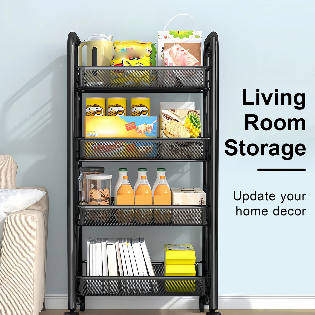 Multilayer Metal Kitchen Storage Cart With Wheels And Stackable Design