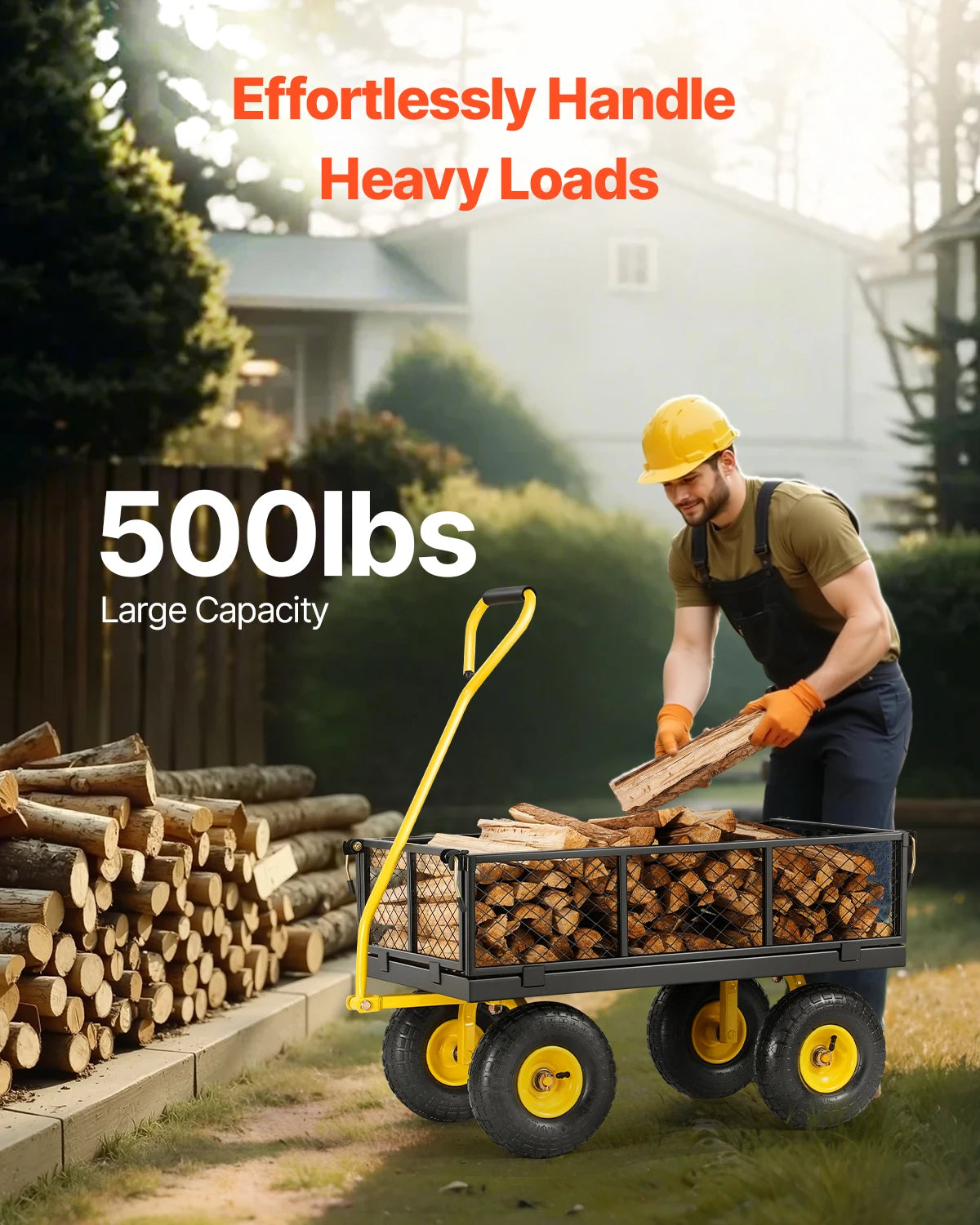 SucceBuy Steel Garden Cart With All Terrain Tires Mesh Sides