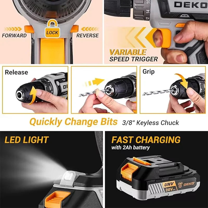 20V DEKO  cordless drill kit with battery,  manual repair, men's drill,basic toolbox, suitable for household tools