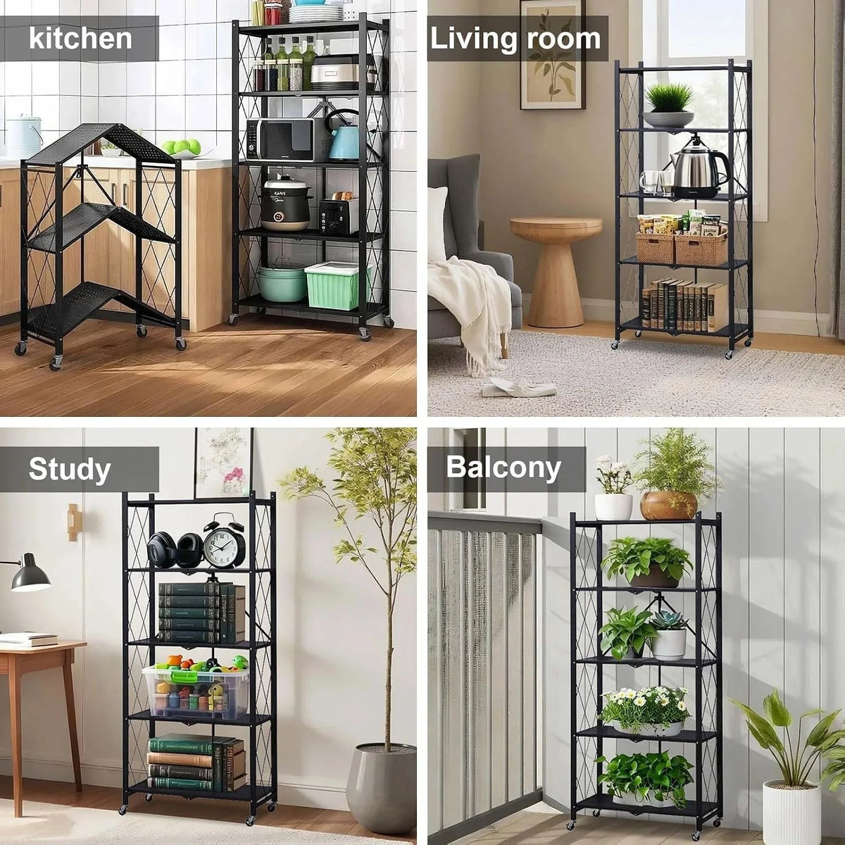 Heavy Duty Five Tier Collapsible Rolling Metal Storage Rack