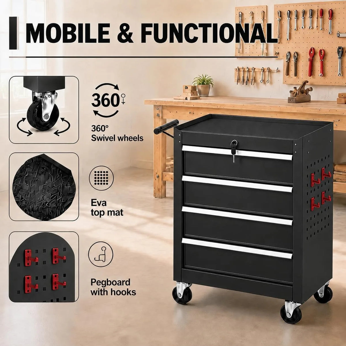Locking Rolling Tool Chest With Wheels 4 Drawer Cabinet Garage