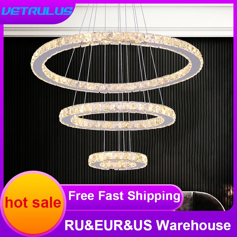 Modern Pendant Light K9 Crystal Chandelier DIY Rings Led Hang Ceiling Lamp Home Decor Chrome Lustre Fixtures Dining Living Room