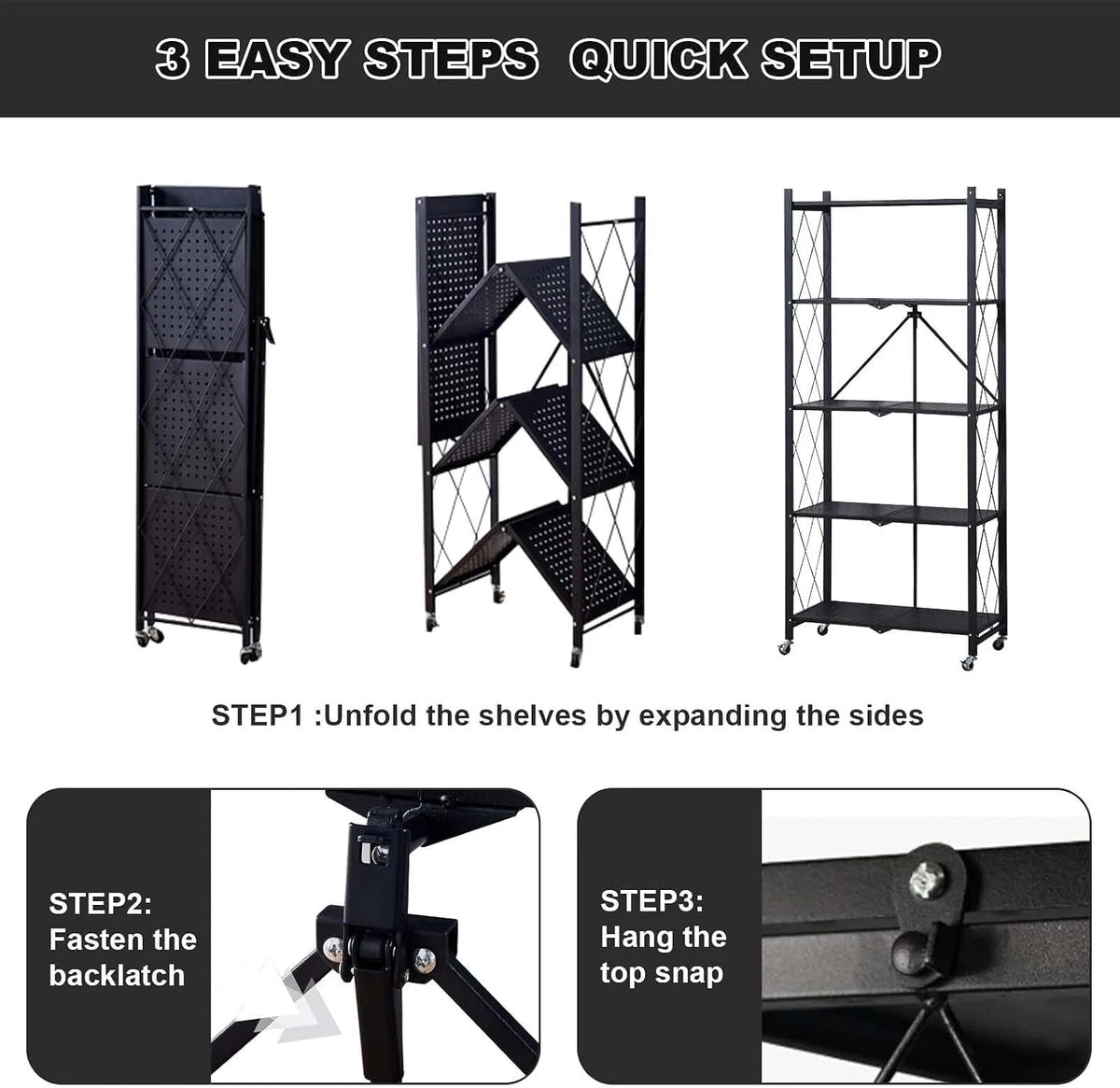 Heavy Duty Five Tier Collapsible Rolling Metal Storage Rack